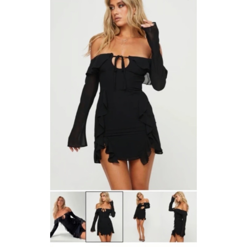 Princess Polly Black Off The Shoulder Ruffle Mini Dress Sheer Long Sleeve US 2